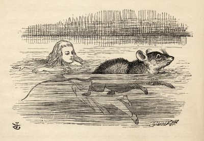 Alice swimming with a mouse in the pool of tears, from 